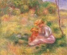 Woman and Child sitting in a Field (Auguste Renoir) - Muzeo.com