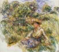 Woman in a Blue Hat sitting on the Grass (Auguste Renoir) - Muzeo.com