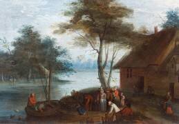A river landscape with figures by a building getting into boats (Jan Brueghel the Elder) - Muzeo.com