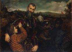 Portrait of a Man in Armor with Two Pages (Paris Bordone) - Muzeo.com