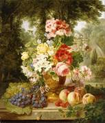 Vase de fleurs d'été et de fruits sur une corniche dans un paysage (William James Webb) - Muzeo.com