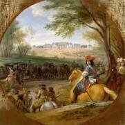 Arrivée de Louis XIV précédé des gardes du corps en vue de l'ancien château de Versailles en 1669 (Adam Frans van der Meulen) - Muzeo.com