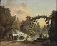 Artiste dessinant le pont en bois dans le parc de Méréville (Hubert Robert) - Muzeo.com