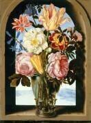 Bouquet de fleurs dans une armature de pierre s'ouvrant sur un paysage (Ambrosius Bosschaert) - Muzeo.com