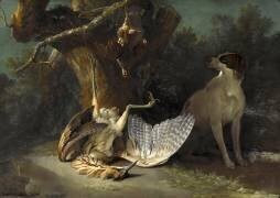 Butor et perdrix gardés par un chien blanc (Jean-Baptiste Oudry) - Muzeo.com