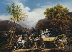 Calèche française de voyage attaquée par des brigands espagnols (Hippolyte Lecomte) - Muzeo.com