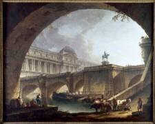 Caprice architectural : un palais inspiré du Louvre et le Pont-Neuf s'encadrant dans l'arche d'un pont; au premier plan, un abreuvoir. (Pierre-Antoine Demachy) - Muzeo.com