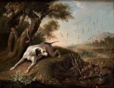 Chien à l'arrêt sur des perdrix (Christophe Huet) - Muzeo.com
