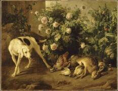 Chien gardant du gibier auprès d'un buisson de roses (Alexandre-François Desportes) - Muzeo.com