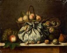 Corbeille de fruits, nèfles, noix et noisettes dans un mouchoir noué (Gagneux) - Muzeo.com