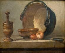 Egrugeoir avec son pilon, un bol, deux oignons, chaudron de cuivre rouge et couteau (Jean Siméon Chardin) - Muzeo.com