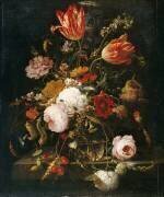 Fleurs dans une carafe de cristal avec une branche de pois et un escargot (Abraham Mignon) - Muzeo.com