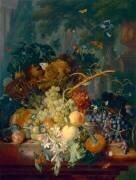 Fruits et fleurs avec corbeille renversée sur fond de parc (Jan van Huysum) - Muzeo.com