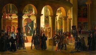 Godefroy de Bouillon dépose dans l'église du Saint Sépulcre de Jérusalem l'étendard et l'épée du grand vizir al-Afdal pris à la bataille d'Ascalon, août 1099 (François-Marius Granet) - Muzeo.com