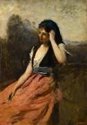 Jeune femme à la jupe rose dit aussi Jeune femme accoudée sur le bras gauche (Jean-Baptiste Camille Corot) - Muzeo.com