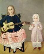 Jeune fille avec une guitare et enfant avec un bouquet (anonyme) - Muzeo.com