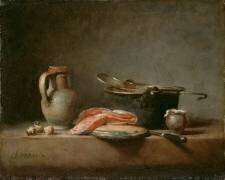 La Marmite de cuivre, écumoire, cruche et tranche de saumon (Jean Siméon Chardin) - Muzeo.com