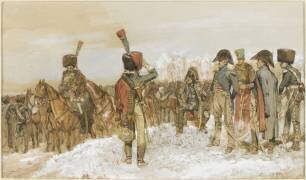 L'Etat-major des chasseurs à cheval de la garde impériale au rapport, dans un paysage neigeux (Edouard Detaille) - Muzeo.com