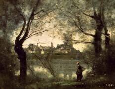 Mantes, la cathédrale et la ville vues à travers les arbres le soir (Jean-Baptiste Camille Corot) - Muzeo.com