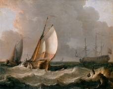 Marine. Mer houleuse avec des barques et une frégate de guerre (Ludolf Backhuysen) - Muzeo.com