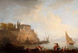Marine, soleil couchant, pêcheurs poussant une barque (Joseph Vernet) - Muzeo.com