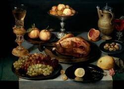 Mets, fruits et verre sur une table (Peter Binoit) - Muzeo.com