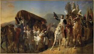 Napoléon Ier saluant un convoi de blessés autrichiens de la garnison d'Ulm, octobre 1805 (Jean-Baptiste Debret) - Muzeo.com