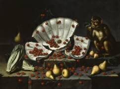 Nature morte avec bol brisé, cerises, poires et singe (anonyme) - Muzeo.com