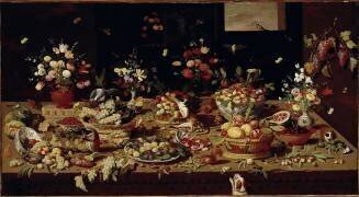 Nature morte avec des fruits et des fleurs : Table garnie de plats avec des figues (Jan van Kessel) - Muzeo.com