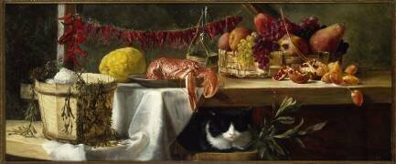Nature morte avec des poivrons, des fruits, un homard et un chat (Daniel Hock) - Muzeo.com