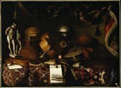 Nature morte d'instruments de musique avec un globe et une statue disposés sur une table recouverte d'un tapis (Bartolomeo Bettera) - Muzeo.com