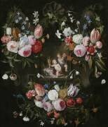 Nature morte en cartouche de fleurs autour d'une image allégorique de Putti avec des objets coûteux et un masque (Jan van Kessel) - Muzeo.com