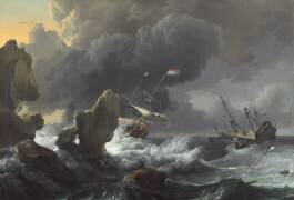 Navires en détresse au large d'une côte rocheuse (Ludolf Backhuysen) - Muzeo.com