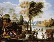 Paysage de rivière à l'italienne avec un batelier et une femme avec un panier de crabes (Le Dominiquin) - Muzeo.com