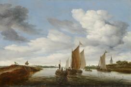 Paysage fluvial avec des bateaux à voile et une péniche tirée par des chevaux (Salomon van Ruysdael) - Muzeo.com