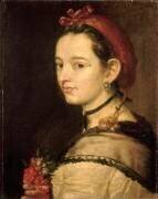 Portrait de femme coiffée d'une résille rouge, tenant à la main un bouquet de fleurs (anonyme) - Muzeo.com