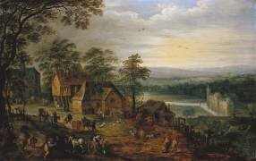 Rue du village avec des personnages et des charrettes (Jan Brueghel le Jeune) - Muzeo.com