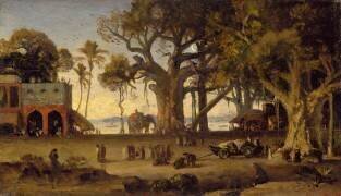 Scène au clair de lune avec des personnages indiens et des éléphants parmi des banians (Johan Zoffany) - Muzeo.com