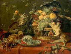 Singes et perroquet auprès d'une corbeille de fruits (Frans Snyders) - Muzeo.com