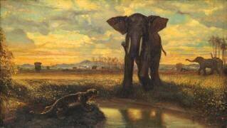 Tigre et Eléphant à la source dit le désert indien (Alexandre Gabriel Decamps) - Muzeo.com