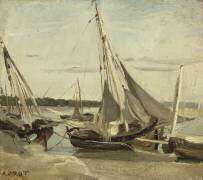 Trouville, bateaux de pêche échoués dans le chenal (Barques à voiles échouées à Trouville) (Jean-Baptiste Camille Corot) - Muzeo.com