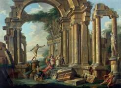 Un capriccio architectural avec les statues du guerrier Agasias et le Belvédère d'Apollon (Giovanni Paolo Pannini) - Muzeo.com