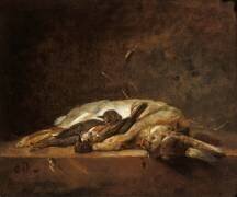 Un Lapin, deux passereaux et quelques brins de paille sur une table de pierre (Jean Siméon Chardin) - Muzeo.com