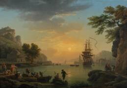 Un paysage au coucher du soleil avec des pêcheurs revenant avec leur prise (Joseph Vernet) - Muzeo.com