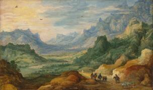 Un paysage montagneux avec des voyageurs et des bergers sur un chemin (Jan Brueghel le Jeune) - Muzeo.com
