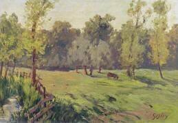 Un pâturage avec un ruisseau et une enceinte (Alfred Sisley) - Muzeo.com