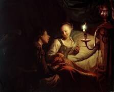 Une scène à la bougie : Un homme offre une chaîne en or et des pièces de monnaie à une jeune fille assise sur un lit. (Godfried Schalcken) - Muzeo.com