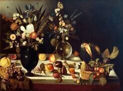 Vase de fleurs et fruits sur une table (Le Caravage) - Muzeo.com
