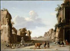 Vue de fantaisie du Campo Vaccino à Rome, avec un âne (Cornelis van Poelenburgh) - Muzeo.com