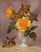 Roses orange dans une cruche bleue et blanche (Albert Williams) - Muzeo.com